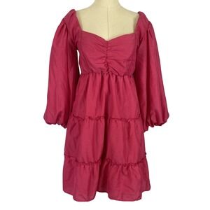 ⭐ 3/$15 Beyond Words Medium Hot Pink Puff Sleeve Babydoll Tiered Mini Dress